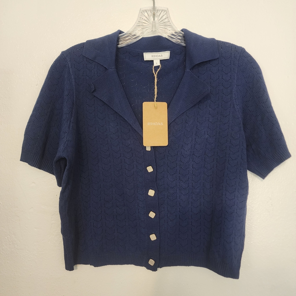 RIHOAS Deep Blue Textured Button Down Shirt